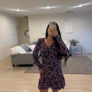 Zara Black Long Sleeve Mini Dress with Pink Floral Print